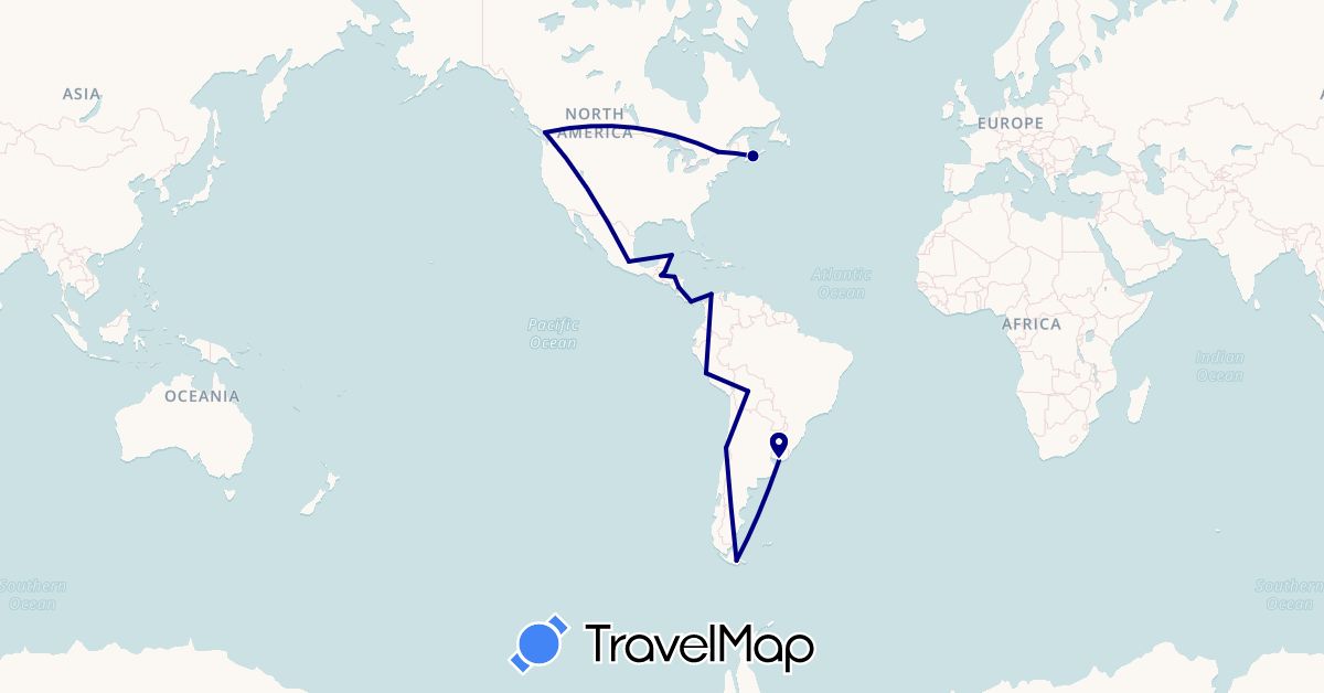 TravelMap itinerary: driving in Argentina, Bolivia, Belize, Canada, Chile, Colombia, Guatemala, Honduras, Mexico, Nicaragua, Panama, Peru, Uruguay (North America, South America)